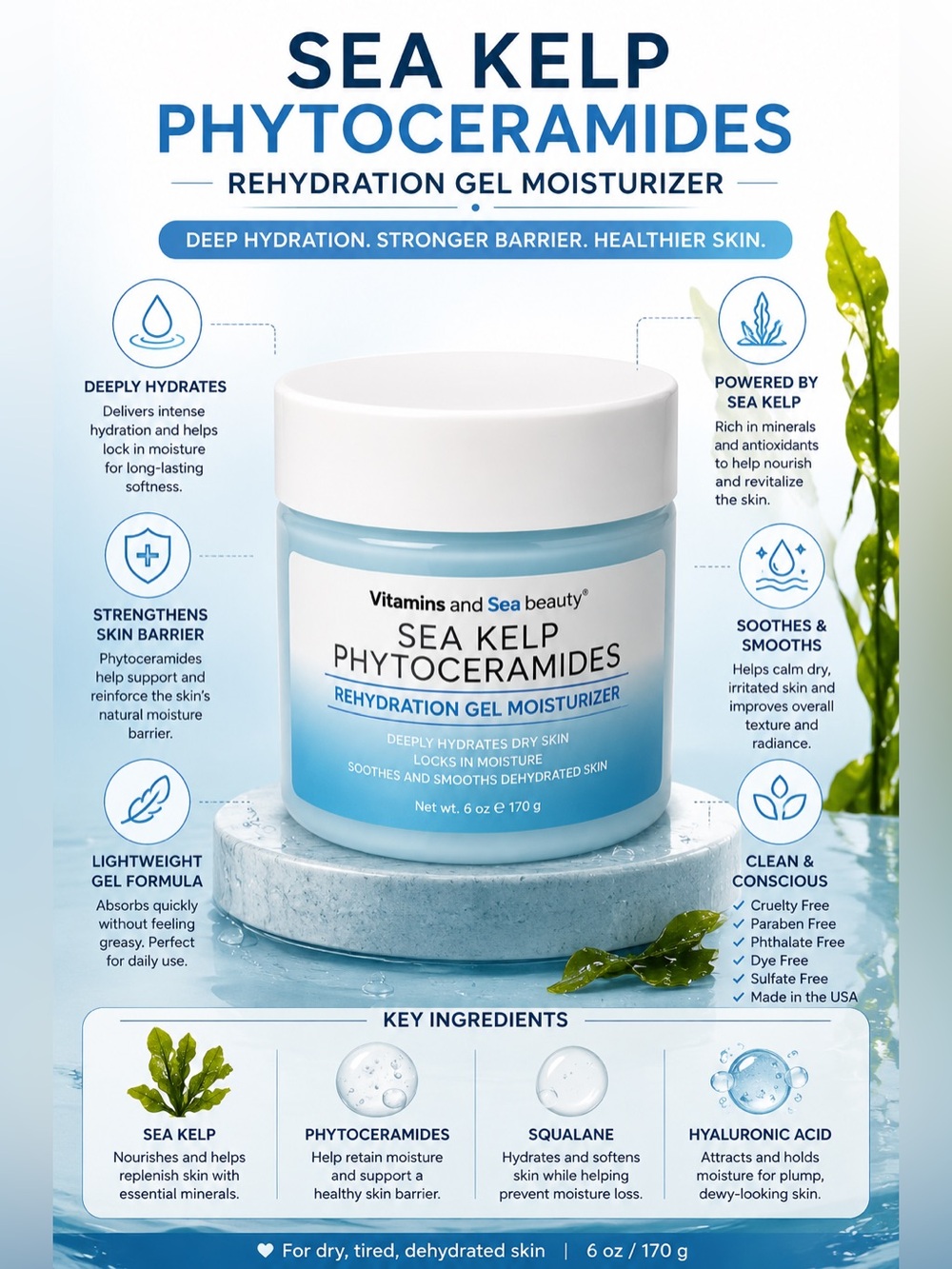 Vitamins & Sea Beauty Sea Kelp Phytoceramides Gel Moisturizer 6 oz New